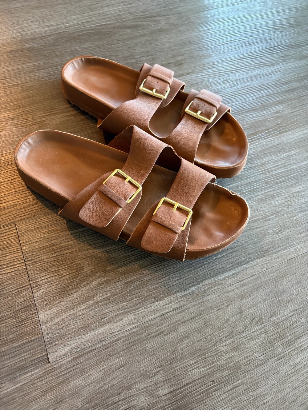 Women’s Brown Double-Buckle Slide Sandals
